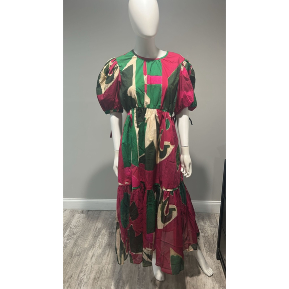 Ulla Johnson Pink and Green Collage Puff Sleeve Dress Size 8 - Picture 8 of 14